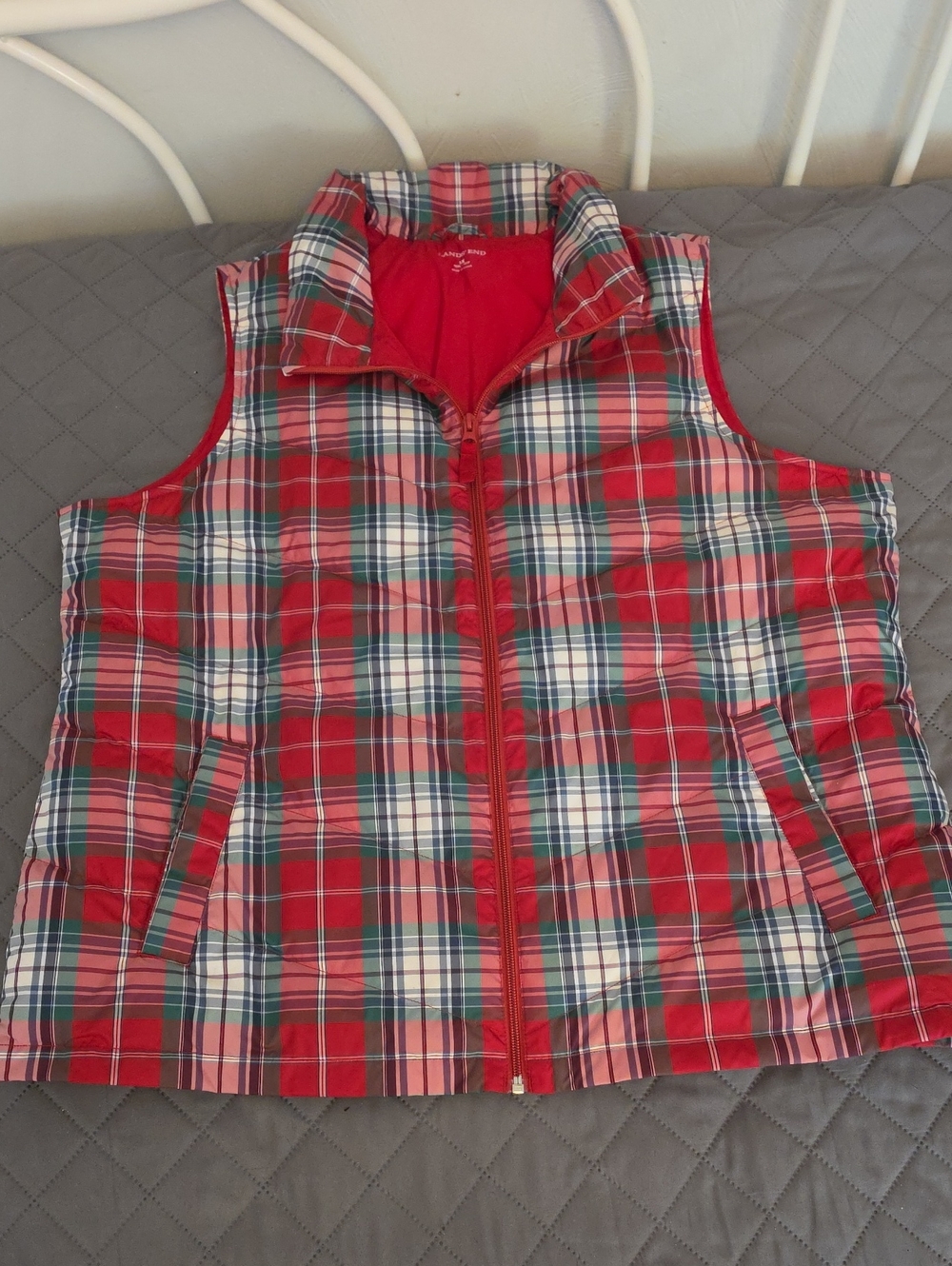 Lands' End Red Plaid Quilted Vest